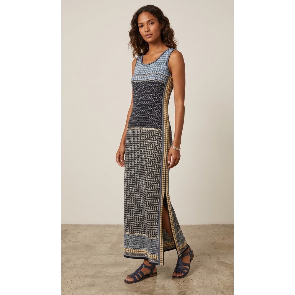 Max Studio Blue Geometric Tile Print Sleeveless Maxi Side Slits Dress Sz M Chic